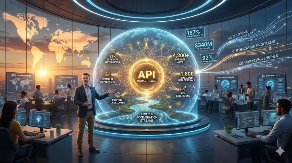 VP DX cultivating thriving external developer ecosystem through API marketplaces, partner programs, and global hackathons accelerating 4x platform adoption and $340M co-created revenue