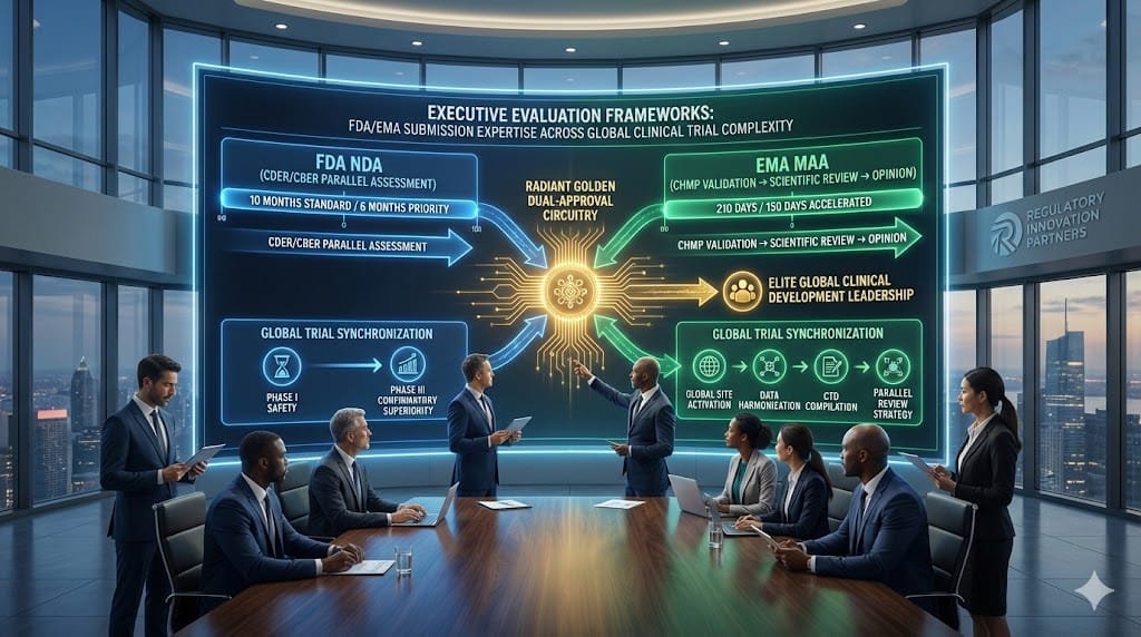 Strategic assessment nexus evaluating executive mastery of FDA NDA/BLA and EMA MAA submissions spanning global Phase I-IV trial complexity and regulatory convergence.
