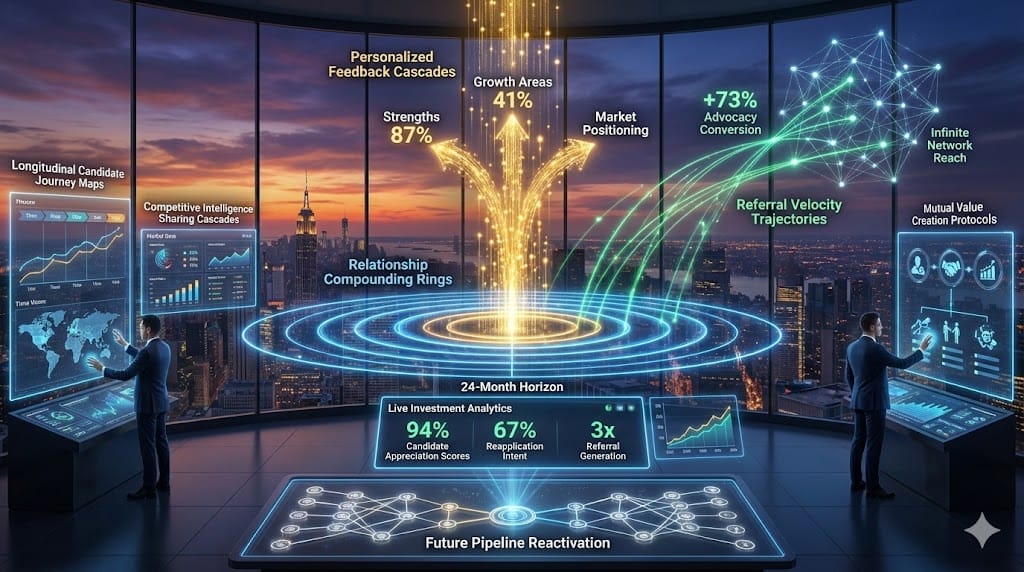 Strategic feedback investment architecture—golden personalized insight cascades (94% candidate appreciation), blue relationship compounding rings expanding over 24 months, emerald referral velocity trajectories (+73% network reach), purple pipeline reactivation protocols revealing sustained talent magnetism.