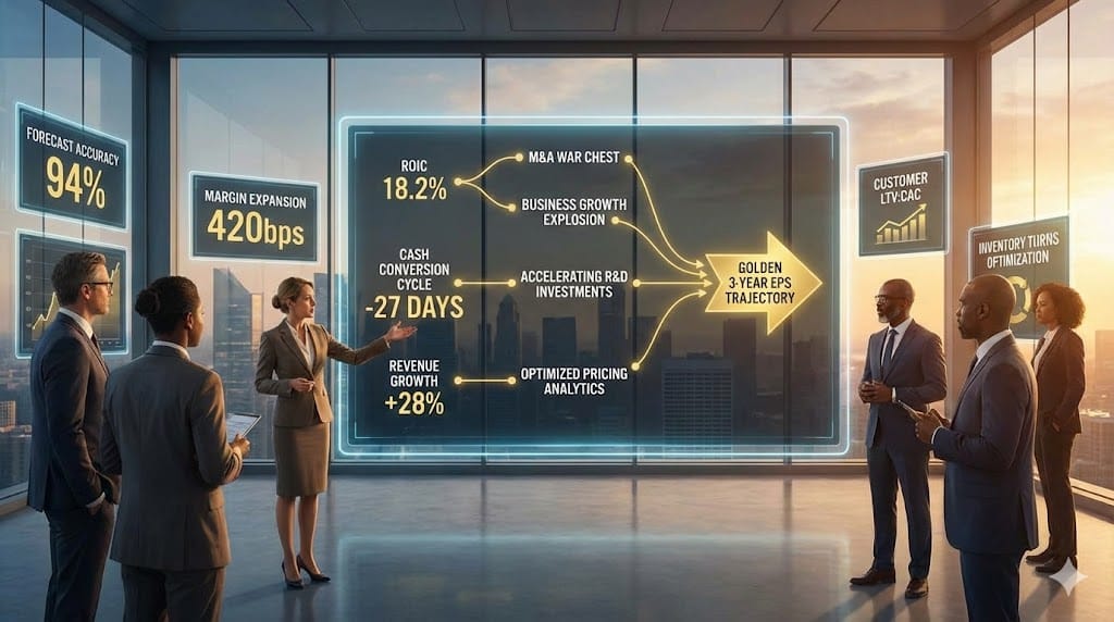 Strategic CFO dashboard linking financial metrics—ROIC 18.2%, cash conversion cycle -27 days, revenue growth +28%—directly to business expansion trajectories proving finance as growth accelerator 