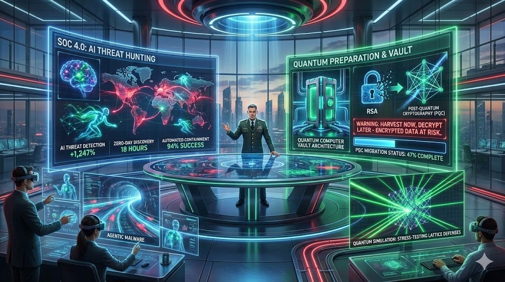 Futuristic CISO commanding AI-powered threat hunting operations while preparing quantum-resistant cryptography infrastructure against next-generation cyber threats.