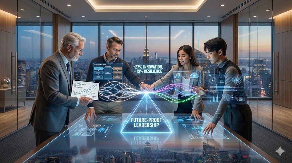 Multi-generational C-suite executives collaborating strategically, blending Baby Boomer wisdom, Gen X pragmatism, Millennial innovation, and Gen Z digital fluency for future-proof leadership
