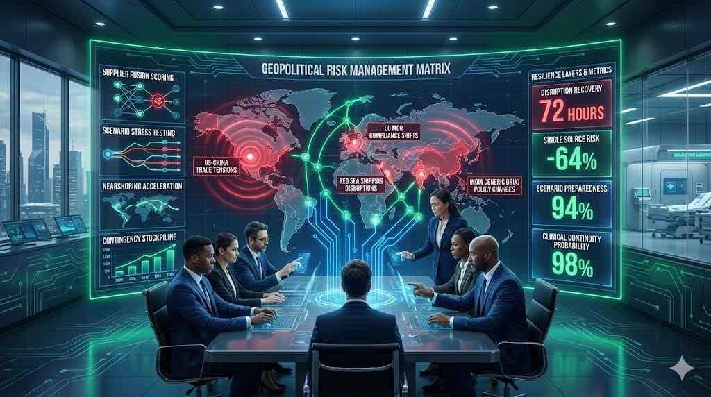 Resilient supply chain command center developing geopolitical risk frameworks with scenario modeling, supplier diversification, and real-time disruption monitoring for healthcare continuity.