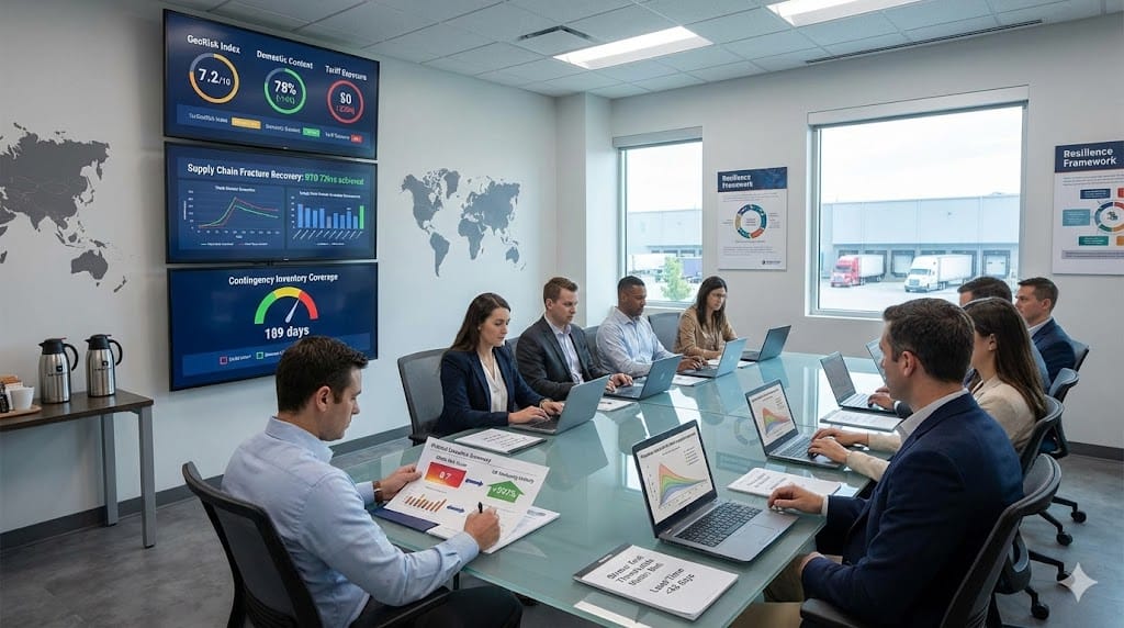 Executive dashboard connecting geopolitical indicators to operational resilience KPIs—real-time metrics tracking tariff exposure reduction, domestic content ratio increases, and supply chain fracture recovery times.