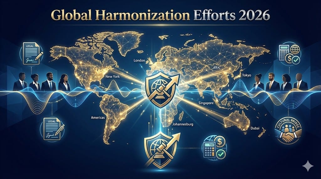 800x450 landscape illustration depicting global talent harmonization: world map with converging light beams synchronizing diverse executive teams across continents, unified policy documents and digital contracts linking regional C-suites to central corporate governance hub.