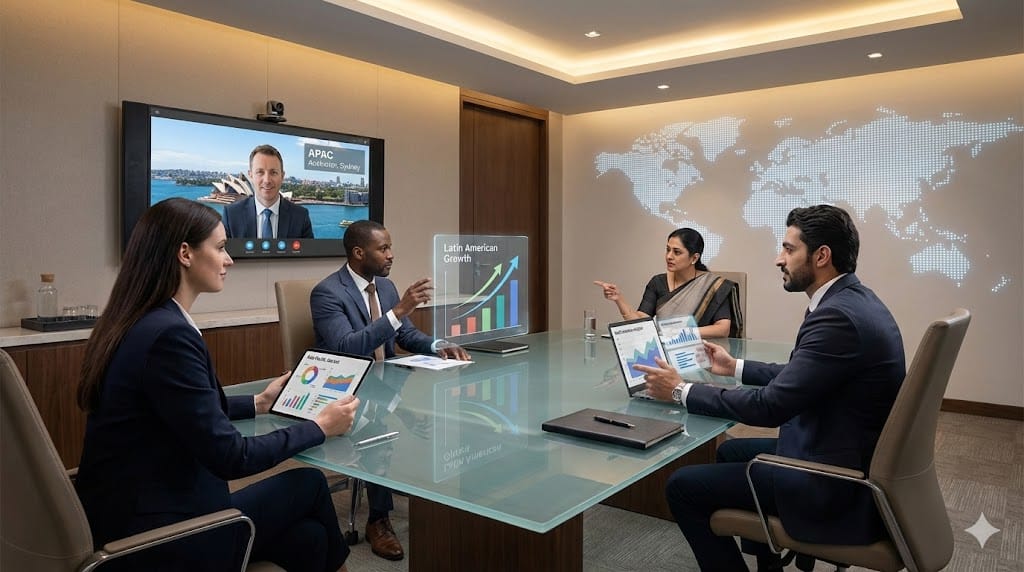 Diverse executives from various global regions connecting across a world map, symbolizing strategic sourcing of candidates with international experience for modern leadership roles