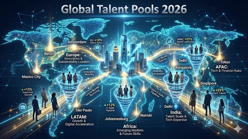 800x450 landscape illustration of interconnected global talent pools: stylized world map with glowing talent hubs in Europe, APAC, LATAM, and Africa connected by digital lines to central US corporate headquarters, diverse executive silhouettes emerging from regional pools entering recruiting pipelines.