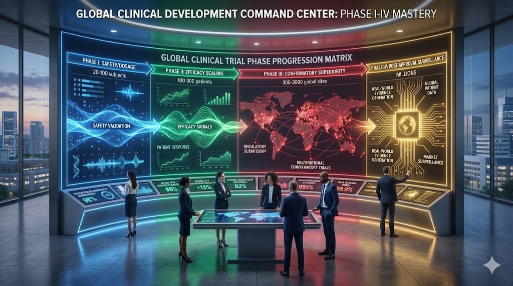 Strategic command nexus orchestrating global clinical trials across Phase I-IV complexity featuring safety-dosage validation, efficacy scaling, confirmatory superiority testing, and post-approval surveillance architectures.