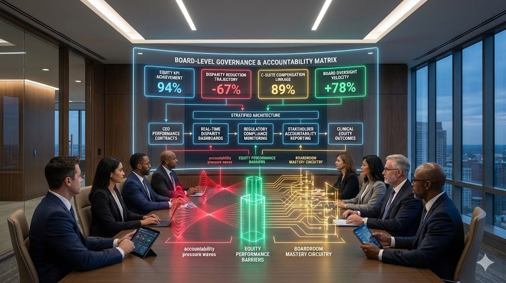 Boardroom command center enforcing governance accountability through equity dashboards, KPI oversight, and C-suite performance linkage ensuring health equity mandate execution.