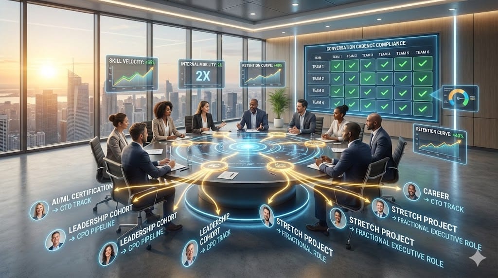 C-suite leaders conducting systematic growth conversations with high-potential tech talent, visualized through personalized upskilling roadmaps accelerating internal mobility and retention