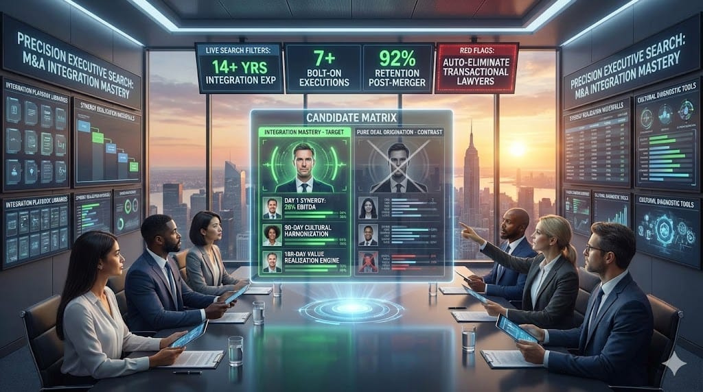 Executive search identifying Head of M&A integration specialists with proven Day 1 synergy capture, 90-day cultural harmonization, and 180-day value realization track records essential for PE portfolio acceleration