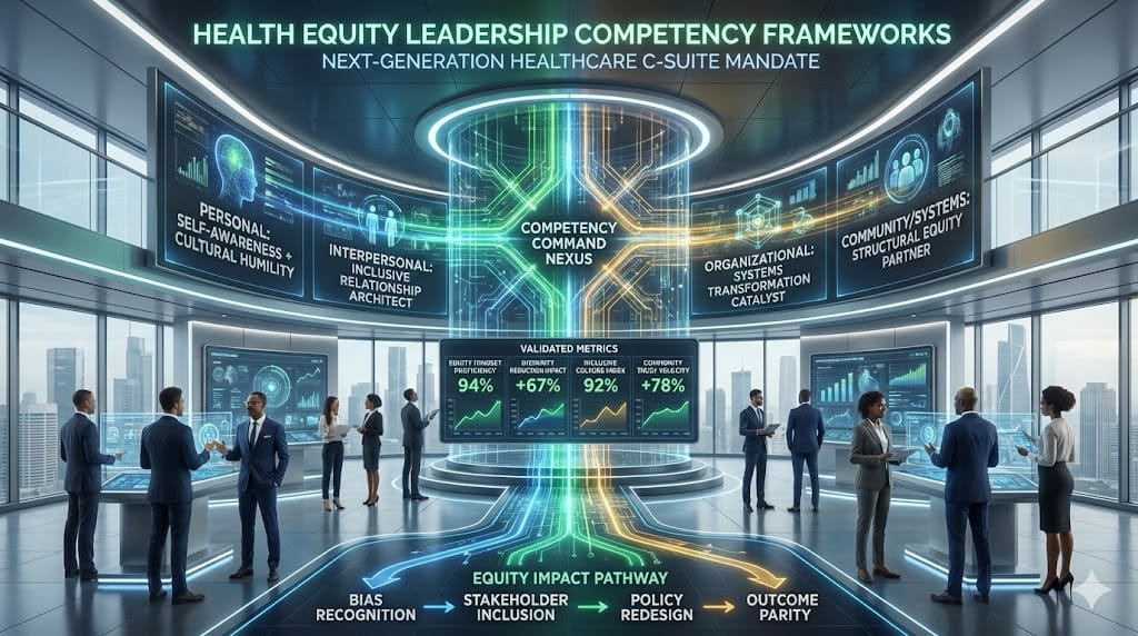  Executive competency framework defining health equity leadership across personal awareness, interpersonal relationship mastery, organizational systems transformation, and community partnership architectures.