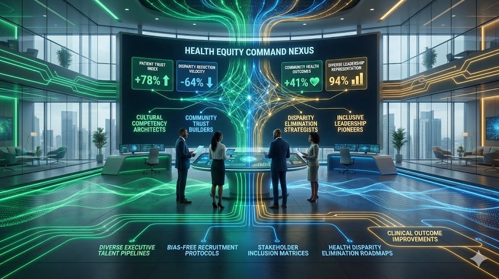 Executive recruitment command center enforcing health equity hiring mandates through diverse leadership pipelines, cultural competency validation, and equitable access strategy implementation.