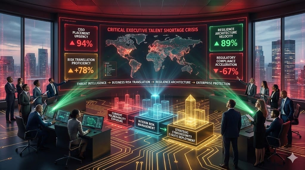 Executive command center addressing critical cybersecurity talent shortage with CISO recruitment featuring risk translation mastery, resilience architecture leadership, and regulatory compliance acceleration for healthcare protection.