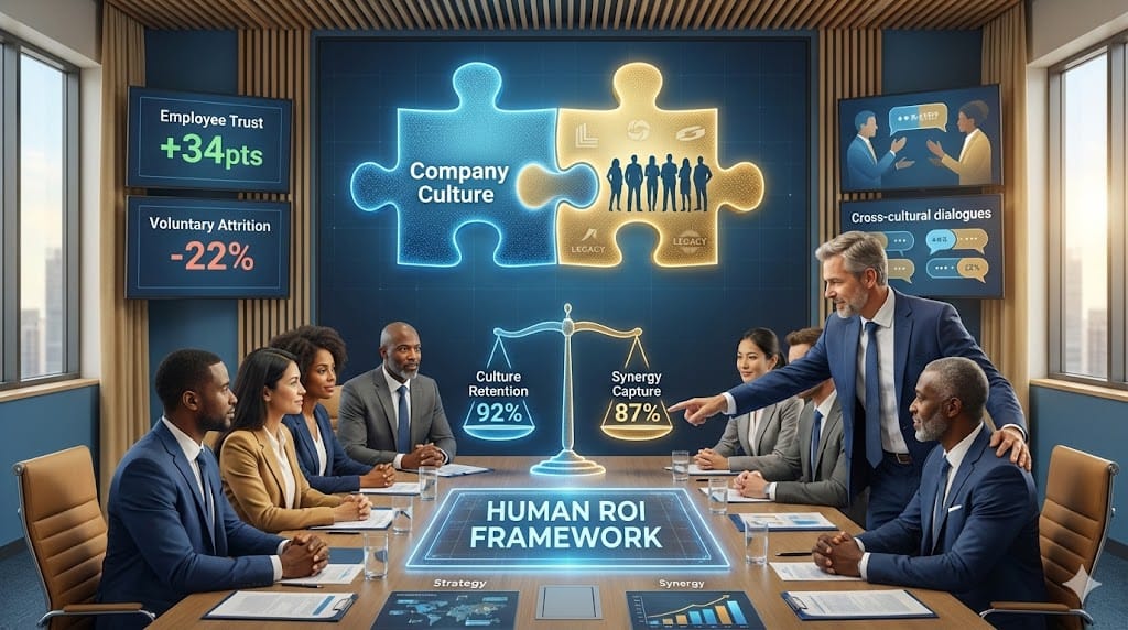  C-suite leaders applying DEI-conscious human-centered approach to merge two corporate cultures, balancing diverse employee needs with strategic integration goals