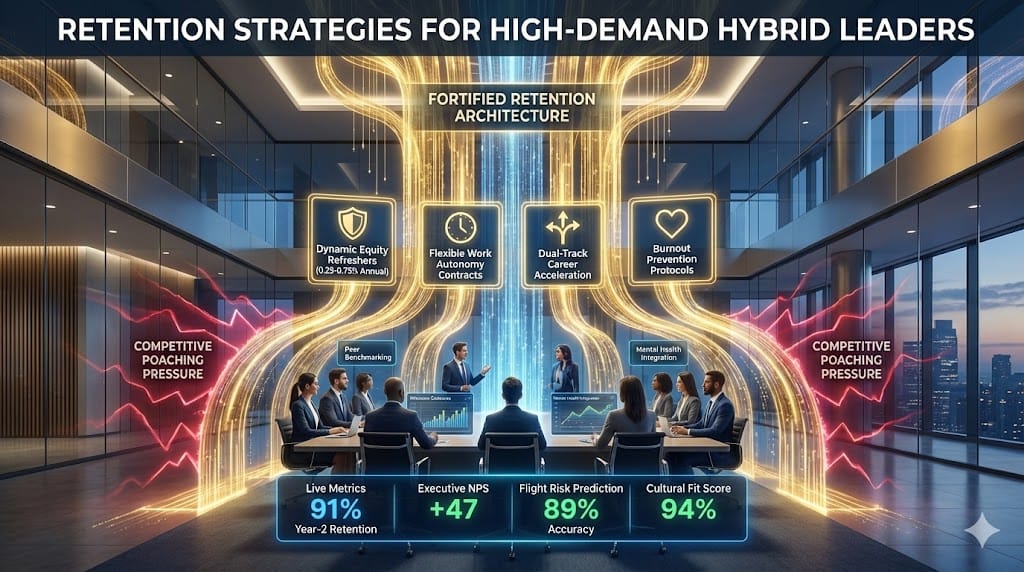 Strategic retention fortress protecting high-demand hybrid tech leaders through tailored equity refreshers, flexible work autonomy, career acceleration pathways, and burnout prevention architecture.