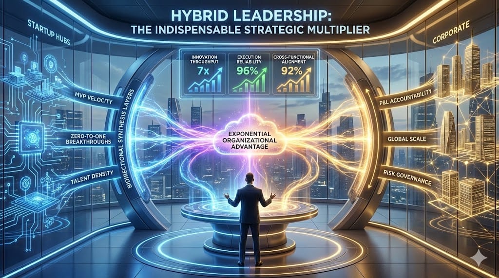 Tech executive embodying hybrid leadership mastery, synthesizing Silicon Valley innovation velocity with Corporate America execution discipline across unified enterprise transformation.
