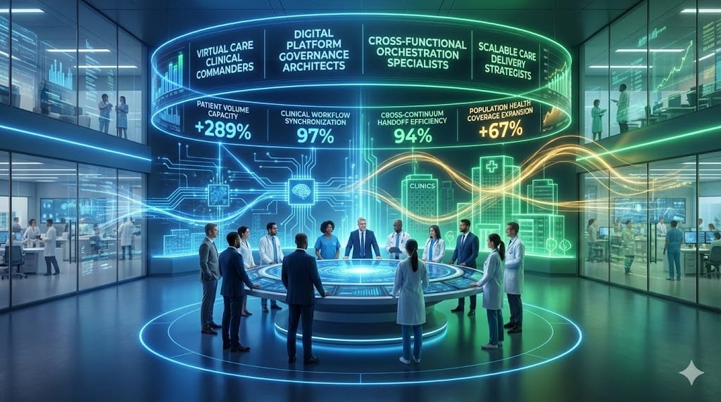 Command nexus defining hybrid leadership competencies for virtual care scalability, integrating clinical oversight, digital platform governance, and cross-functional team orchestration across physical-virtual care continuum.
