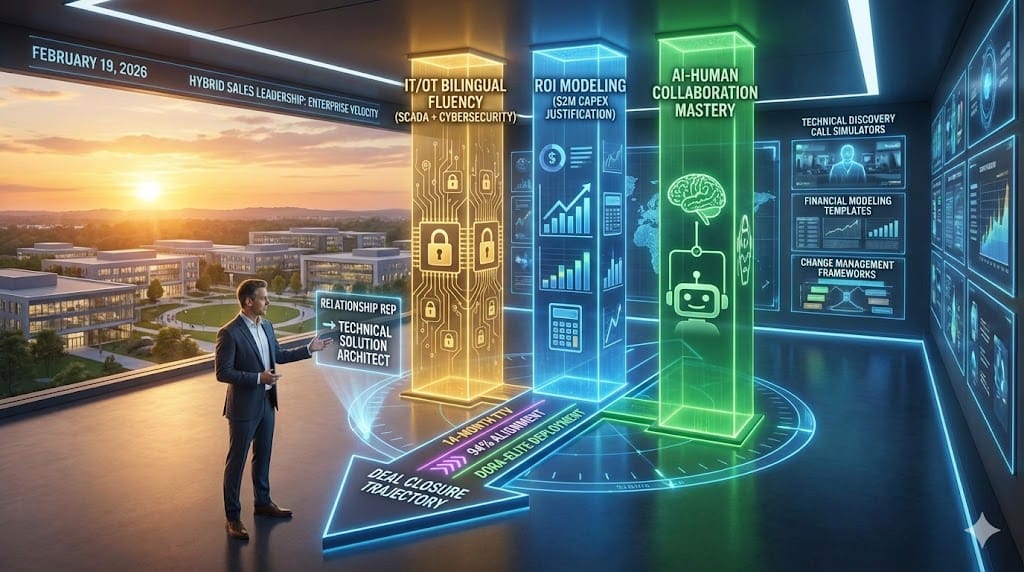 Hybrid sales leader competencies matrix showing IT/OT fluency, ROI modeling, AI augmentation mastery enabling $2M+ deal closure across plant floor operators and C-suite decision makers
