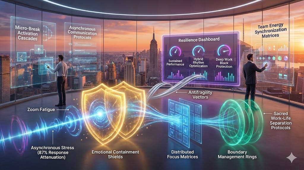  Strategic self-regulation architecture under hybrid pressure—golden emotional containment shields (87% stress attenuation), blue distributed focus matrices, emerald boundary management rings, purple resilience dashboard maintaining executive performance coherence across virtual-physical work continuum