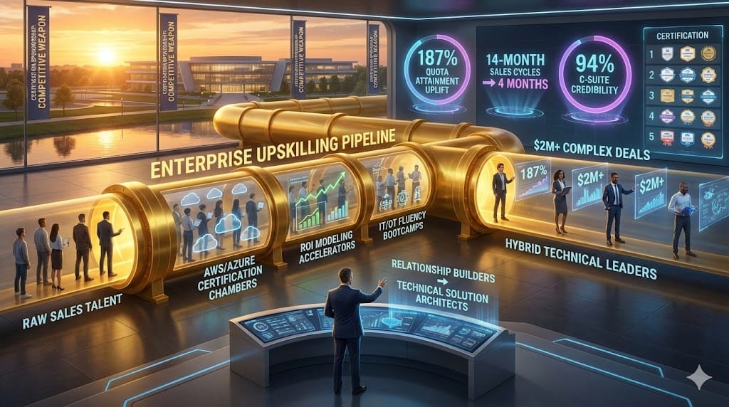 Strategic upskilling pipelines transforming relationship sales managers into hybrid technical leaders through sponsored AWS/Azure certifications, ROI modeling bootcamps, and IT/OT fluency programs driving $2M+ deal acceleration 
