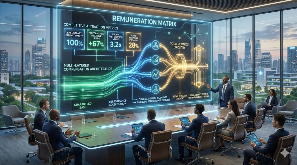 Strategic compensation nexus designed to recruit dual-sector payer-provider leaders featuring base salary stability, value-based incentive acceleration, and long-term equity alignment.