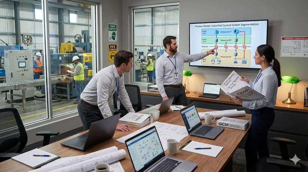 Professional engineers in industrial setting reviewing OT/IT convergence documentation—technical manuals on SCADA protocols, network diagrams showing Purdue Model segmentation, cybersecurity certification binders open to IEC 62443 compliance standards.