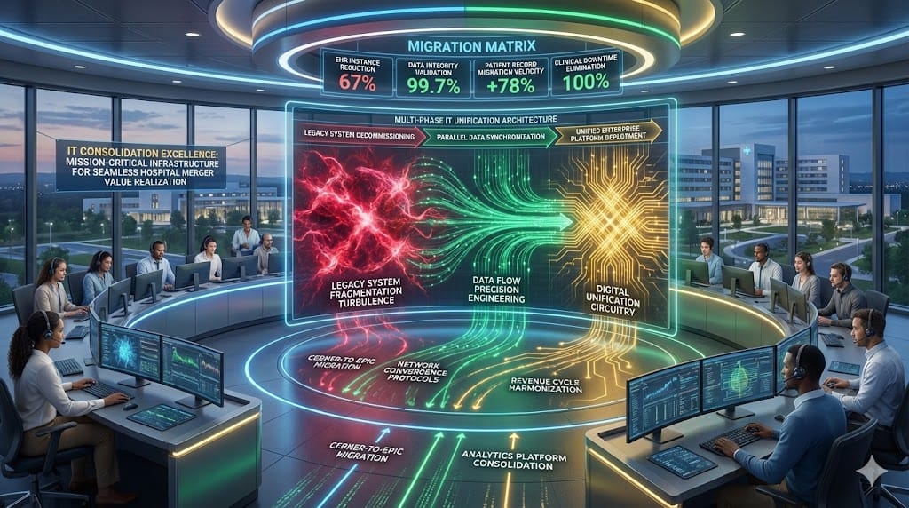Strategic IT war room orchestrating hospital merger systems consolidation and data migration, featuring EHR unification, network convergence, and zero-downtime patient data transfer protocols.