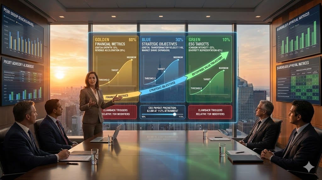 Executive incentive scorecard linking 60% financial metrics (EBITDA growth, revenue acceleration), 30% strategic objectives (digital transformation velocity), 10% ESG targets ensuring pay-for-performance strategy execution