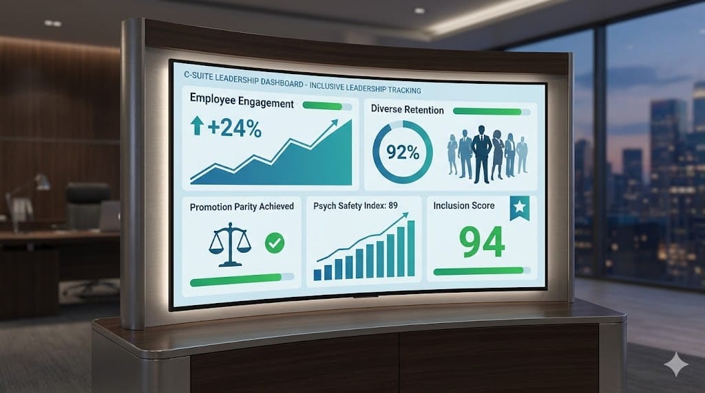 Modern dashboard displaying key performance indicators for inclusive leadership including employee engagement scores, diversity retention rates, promotion parity metrics, and psychological safety index