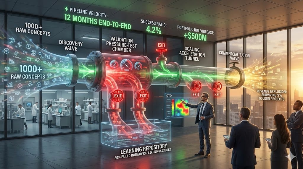 Dynamic corporate innovation pipeline with strategic exit valves filtering high-potential projects from stalled initiatives, balancing risk and ROI across discovery, validation, scaling stages