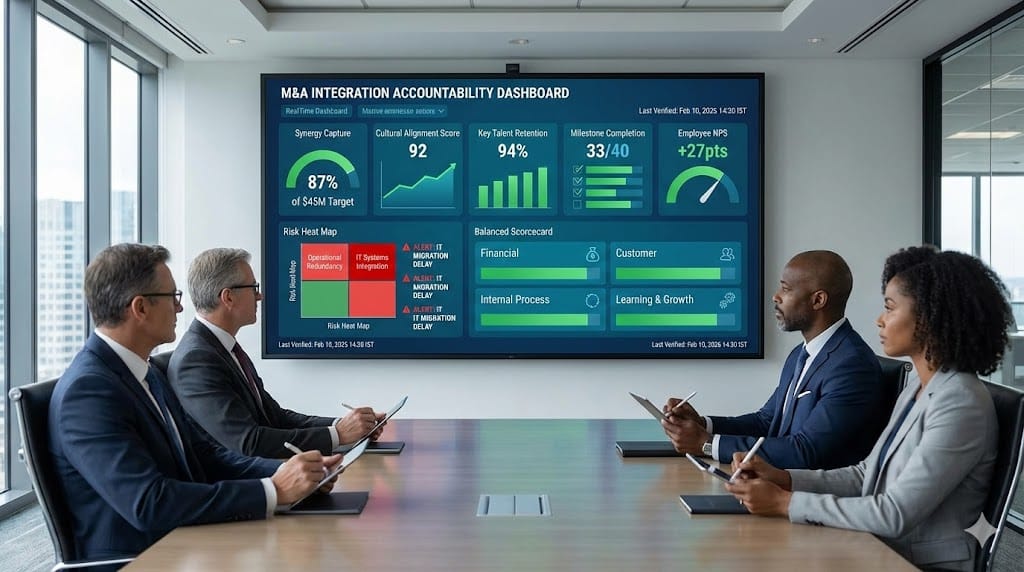 Executive dashboard tracking M&A integration performance with real-time KPIs for synergy capture, cultural alignment, employee retention, and operational milestones