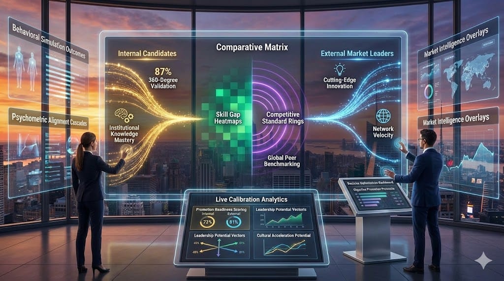  Comparative executive benchmarking matrix—golden internal candidate trajectory (87% 360-validation) versus blue external market leaders, emerald skill gap heatmaps, purple competitive standard rings calibrating 94% readiness accuracy across promotion pipelines.