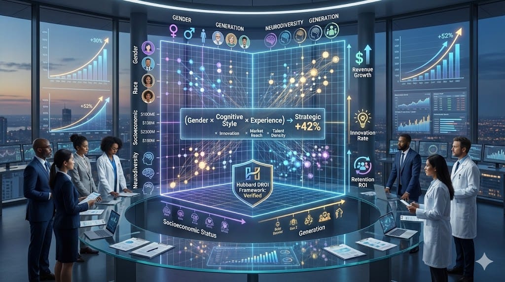 Advanced 3D intersectional ROI framework dashboard integrating multiple diversity dimensions with business performance metrics, showing compounded value creation