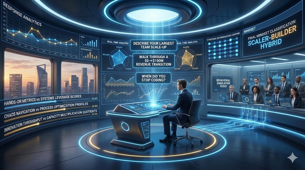Executive interview suite with layered questioning protocols exposing true builder vs scaler orientation through behavioral simulations and track record validation