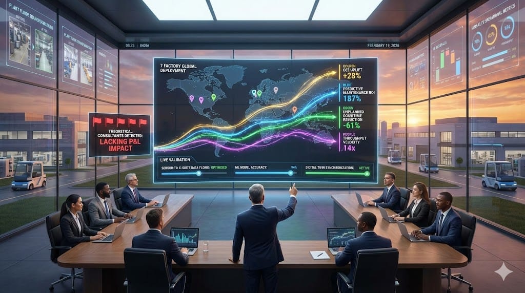 Executive evaluation dashboard showcasing manufacturing leader's IoT track record—OEE +28%, predictive maintenance ROI 187%, unplanned downtime -61%, throughput velocity 14x—validating plant performance transformation 