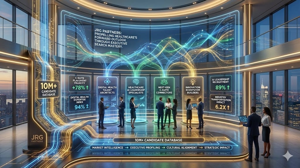 Strategic partnership nexus showcasing JRG Partners' executive search expertise driving healthcare's forward outlook through specialized talent acquisition in digital health, AI recruiting, and next-generation leadership transformation.