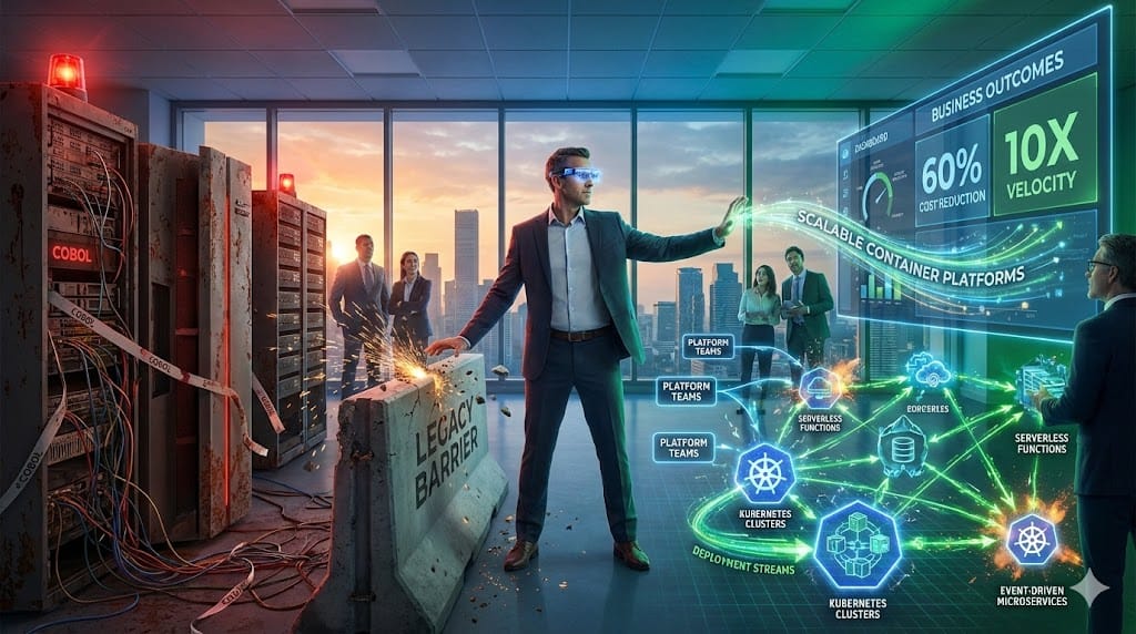 Transformation-oriented CIO bridging legacy mainframe silos to cloud-native microservices architecture, visualized through executive leadership guiding enterprise modernization journey