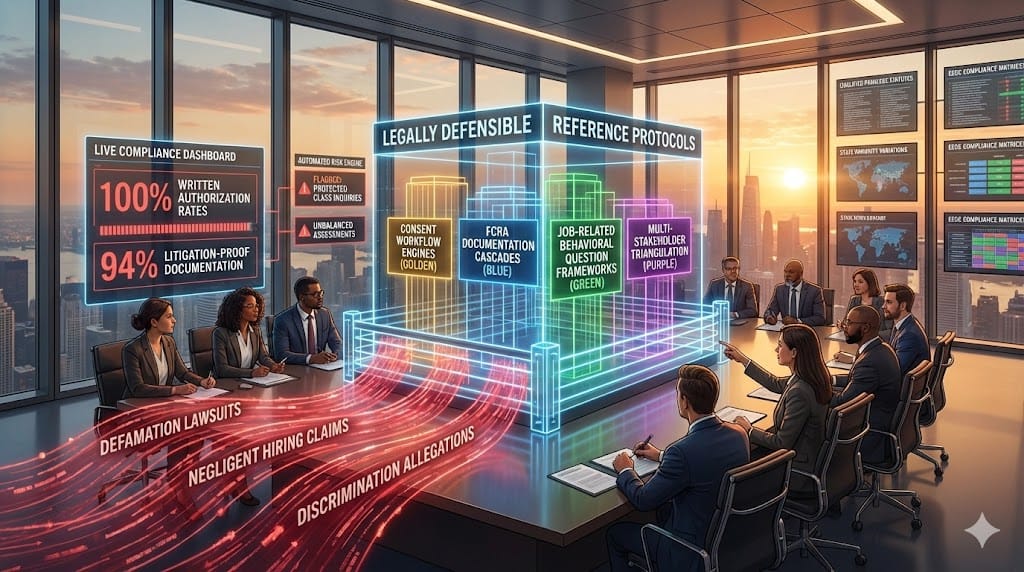 Executive search legal compliance dashboard structuring defensible reference protocols—written consent workflows, FCRA-compliant documentation, job-related behavioral questions, multi-stakeholder triangulation minimizing defamation/negligent hiring risks