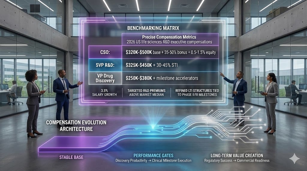 Strategic compensation dashboard revealing 2026 US life sciences R&D leadership pay trends—CSO $320K-$500K base + 35-50% bonuses, VP R&D $250K-$380K, featuring disciplined 3.5% merit increases and milestone-linked incentives amid talent competition.