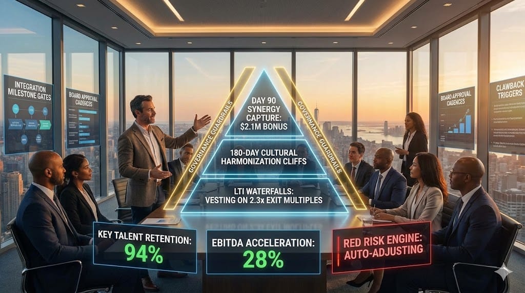 Head of M&A structuring success through integration-linked compensation—Day 90 synergy bonuses, 180-day retention cliffs, governance-aligned LTIs—balancing talent retention with value creation milestones 