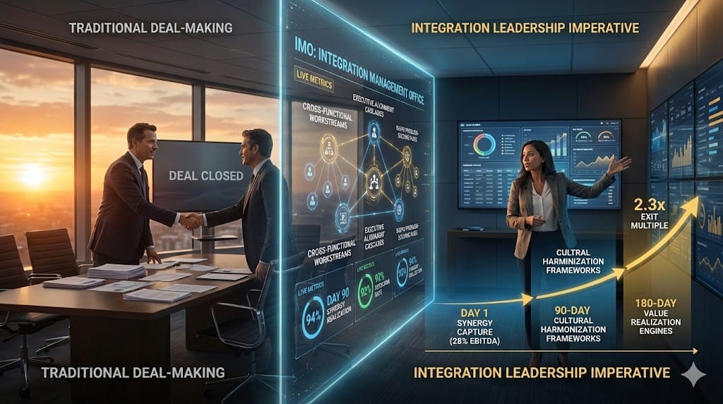 Head of M&A evolving from deal orchestrator to integration commander leading Day 1 synergy capture, 90-day cultural harmonization, and 180-day value realization through dedicated IMO structure