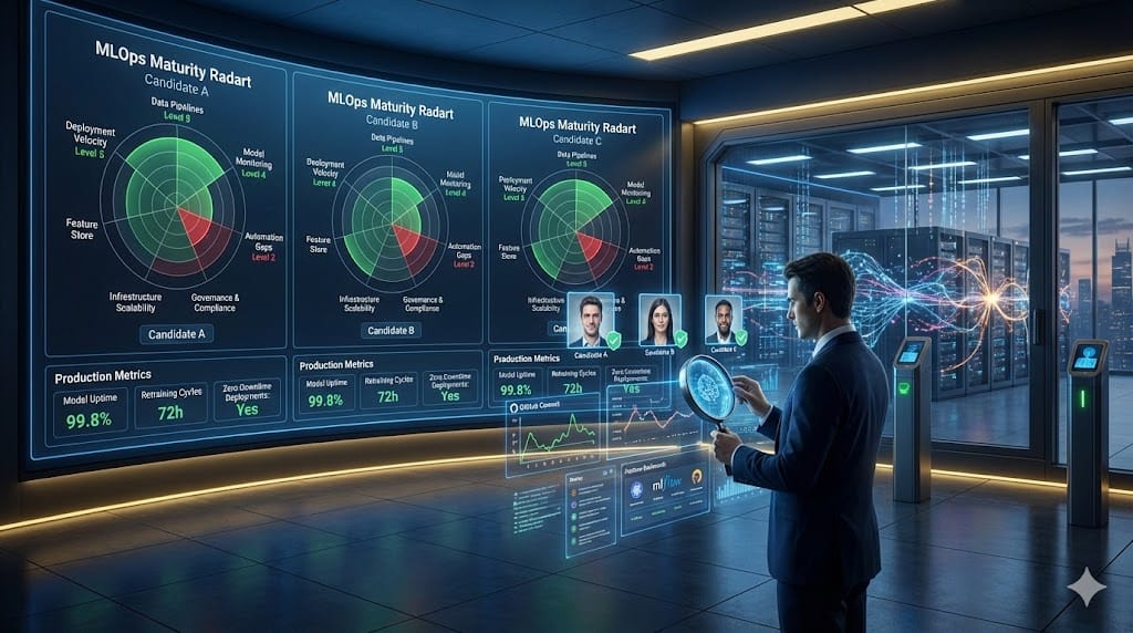 C-level evaluation dashboard scoring executive candidates on MLOps maturity levels through verified production AI pipeline metrics and transformation outcomes