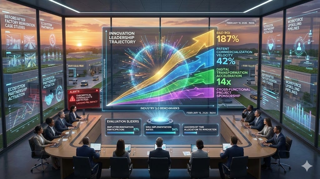 Manufacturing executive evaluation dashboard quantifying innovation leadership—R&D ROI 187%, patent commercialization 42%, digital transformation velocity 14x, cross-functional innovation projects sponsored—validating future-proofing mastery