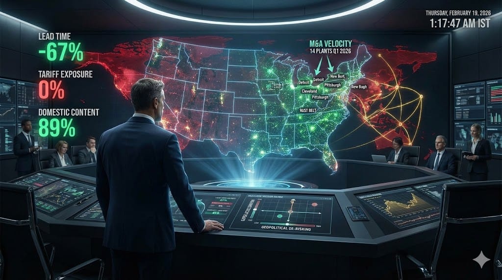 Strategic US manufacturing CEO commanding domestic sourcing renaissance—reshoring factories from global risk zones to resilient heartland production hubs accelerating supply chain sovereignty.