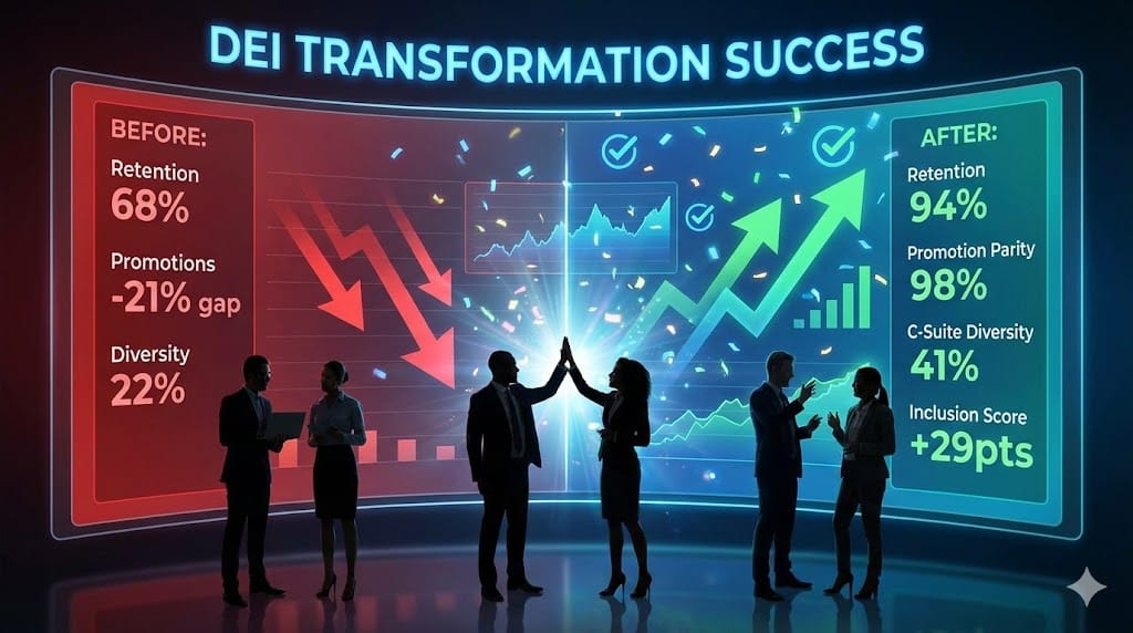 Dynamic dashboard visualization showing DEI metrics transformation with before/after charts for retention rates, promotion parity, diversity representation, and inclusion scores
