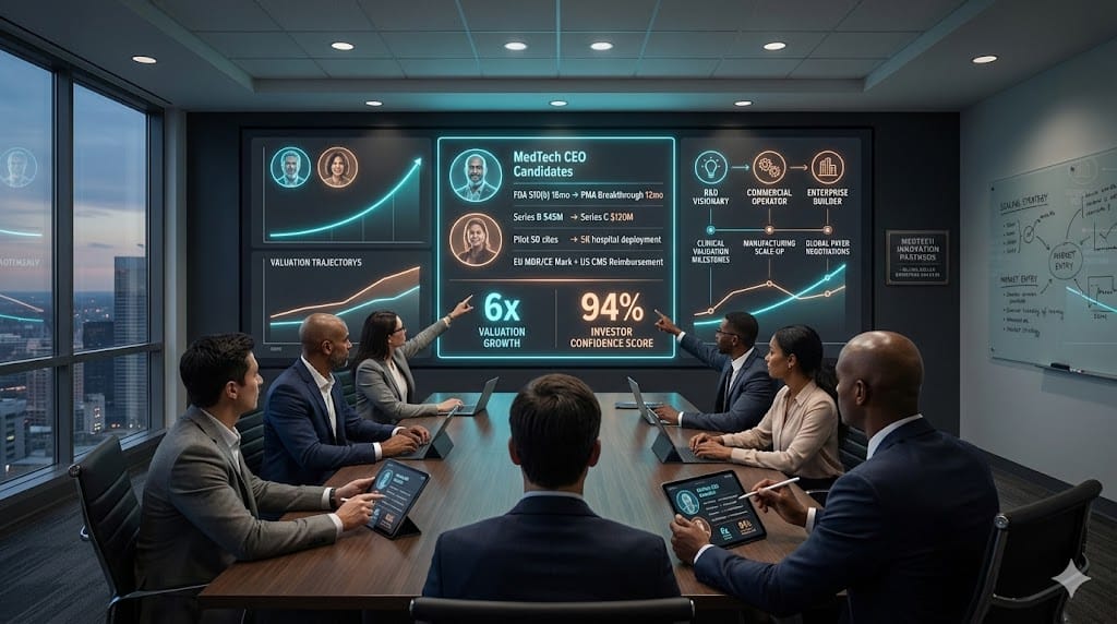 Venture scaling command center recruiting MedTech CEOs featuring FDA clearance acceleration, Series C fundraising mastery, manufacturing scale-up leadership, and global reimbursement strategy execution.