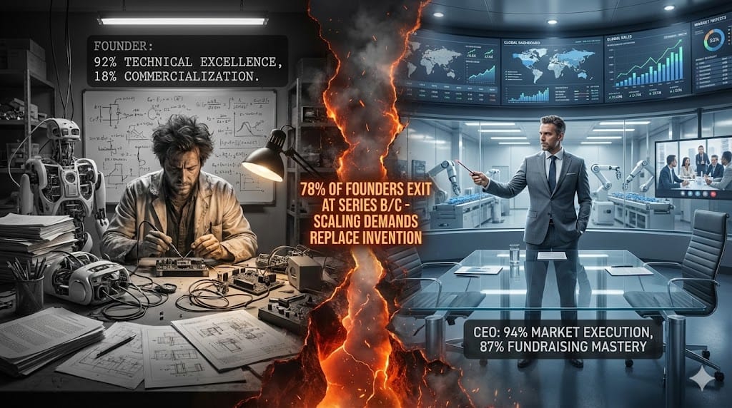 Dramatic visualization of the MedTech scaling chasm where visionary founders confront commercial realities—Series A innovation versus Series C execution demands, technical brilliance versus market mastery.
