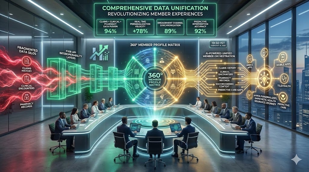 Strategic data fusion center transforming siloed payer information into unified member experiences featuring FHIR interoperability, AI personalization engines, and omnichannel engagement platforms.