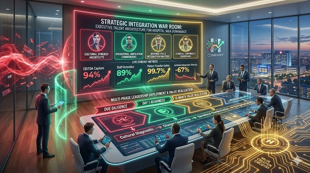 Executive integration command center recruiting hospital M&A leadership specialists in cultural alignment, operational synergy architects, revenue cycle unification experts, and clinical continuity guardians.